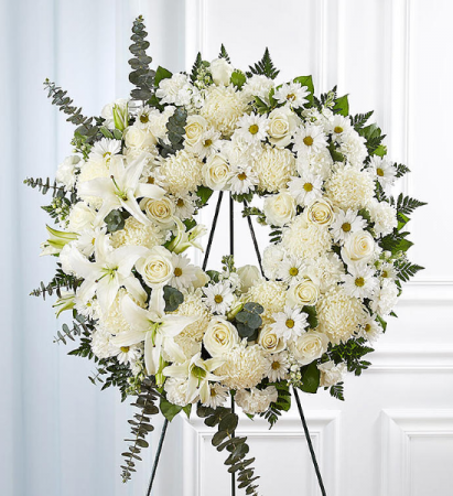 vòng hoa cúc trắng phối cùng hoa ly